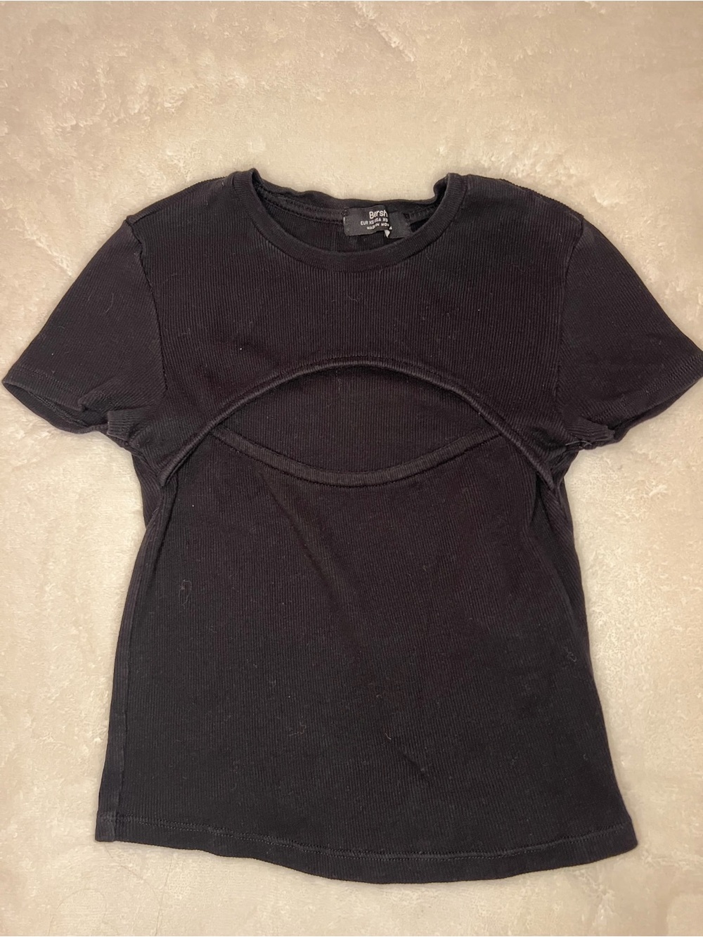 Bershka Black Ribbed Cut Out Short Sleeve Crop Top